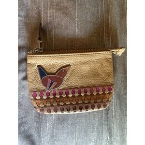 Fossil Leather Card Case Wallet For Women Bird Accent Earth Tones Boho
